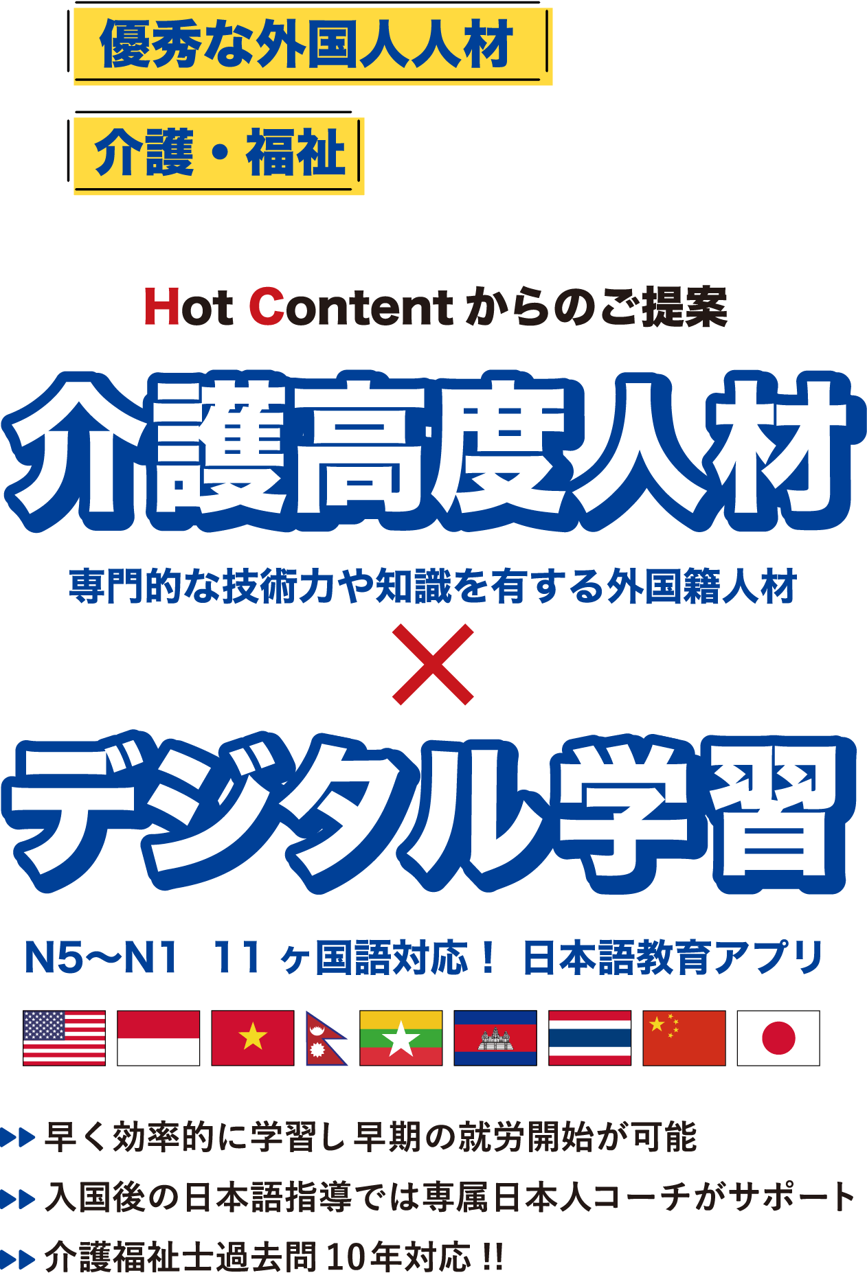 優秀な外国人人材の活用で 介護・福祉の人手不足を解消!! Hot content からのご提案 介護高度人材 専門的な技術力や知識を有する外国籍人材×デジタル学習 N5～N1 11ケ国語対応!日本語教育アプリ 早く効率的に学習し早期の就労開始が可能 入国後の日本語指導では専属日本人コーチがサポート 介護福祉士過去間10年対応!!